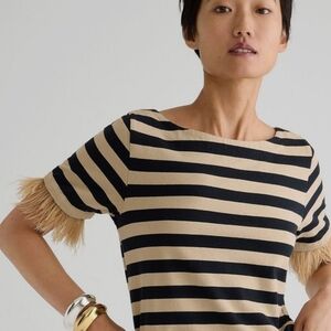 J. Crew Mariner Jersey Cropped Striped Boatneck T-shirt with feathers M